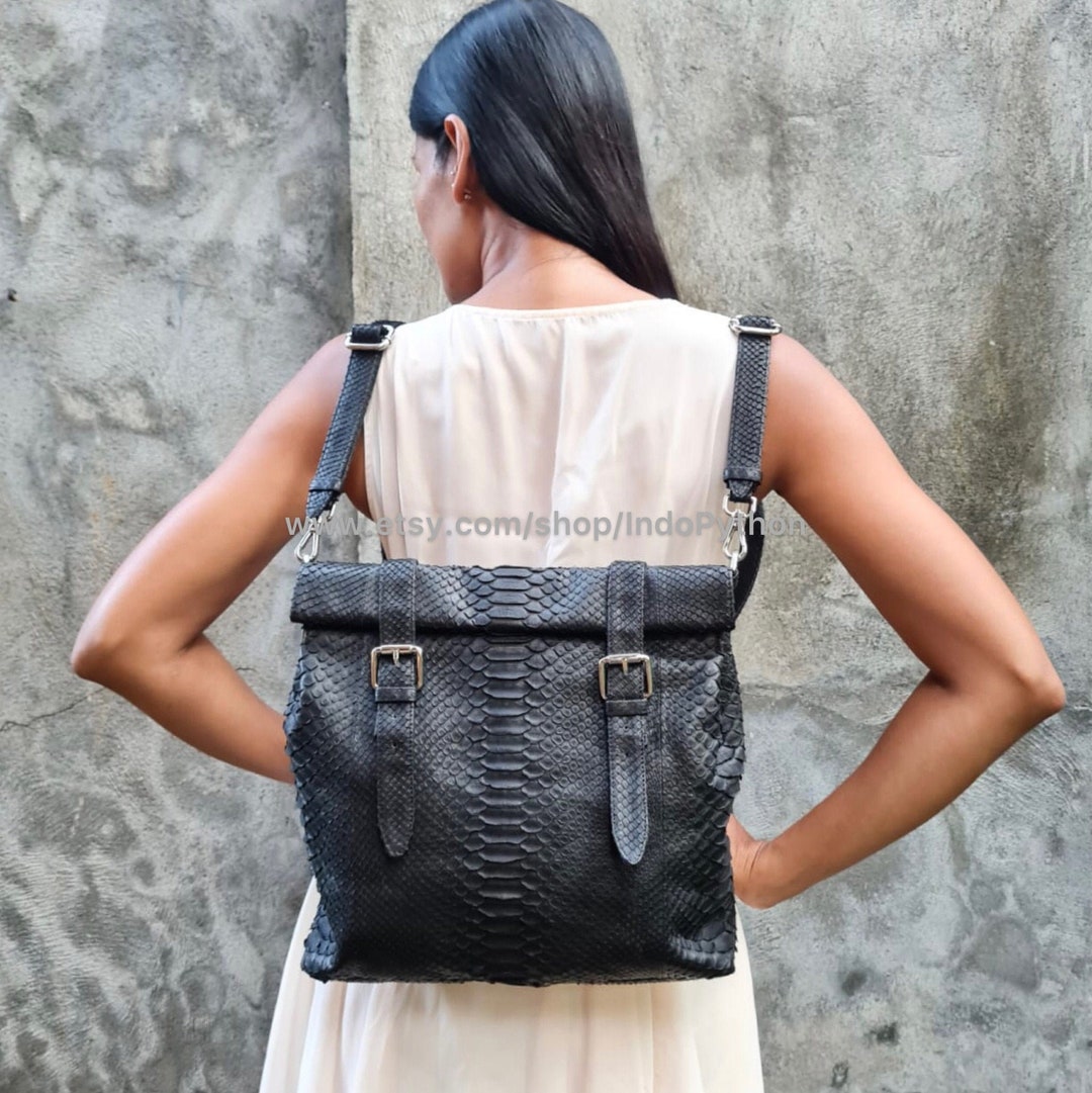 Handmade Black Python Leather Backpack: Convertible Shoulder Bag