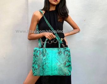 Handmade Green Python Leather Tote Bag: Adjustable Strap