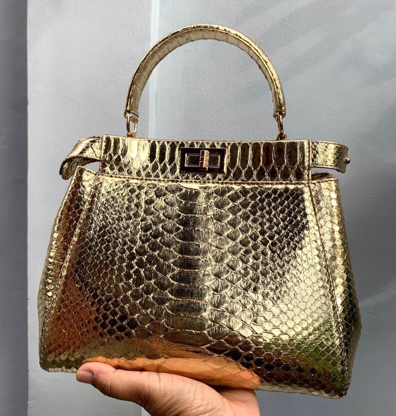 Handmade Gold Python Leather Bag: Detachable Strap image 10