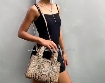 Handmade Brown Python Leather Tote Bag: Adjustable Strap