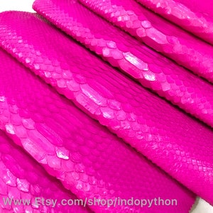 Op de afbeelding: Close-up van meerdere stukken felroze pythonleer. Het leer heeft een textuur met een schubbenpatroon. Het leer is gestapeld, met het bovenste stuk gevouwen over de andere. De tekst "www.Etsy.com/shop/indopython" is zichtbaar onderaan de afbeelding.
