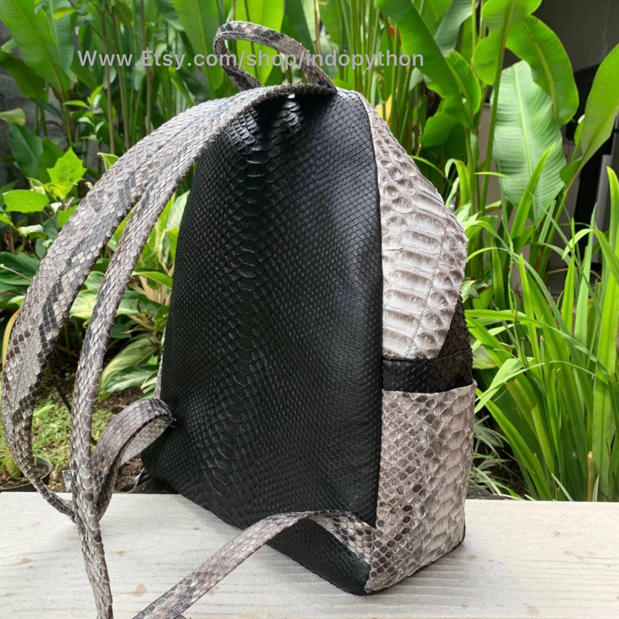 black leather snakeskin panel backpack Handmade Black Python Leather Backpack: Snakeskin Rucksack