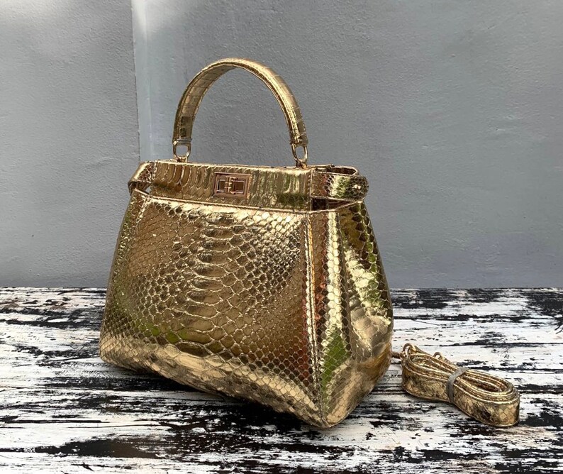 Handmade Gold Python Leather Bag: Detachable Strap image 6