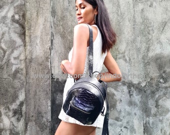 Handmade Black Python Backpack: Exotic Snakeskin Leather Bag (18x21x12cm)