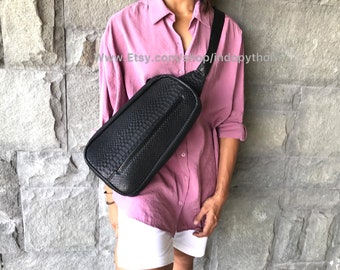 Handmade Black Python Leather Bag: Unisex Sling Backpack