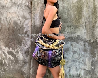 Handmade Python Leather Hobo Bag: Black & Gold Fashion Purse