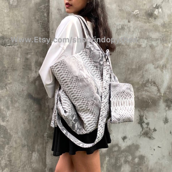 Handmade Python Leather Hobo Bag: Black and White Snakeskin Purse