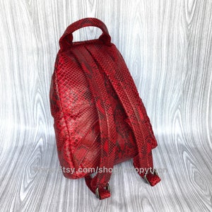 May include: Red snakeskin leather backpack with adjustable straps. The backpack has a zipper closure and a small pocket on the front.