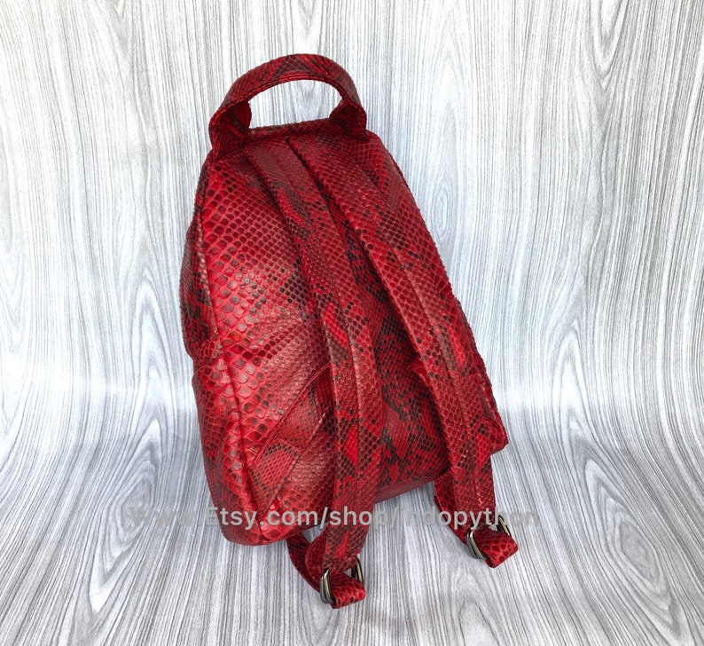 May include: Red snakeskin leather backpack with adjustable straps. The backpack has a zipper closure and a small pocket on the front.