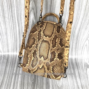 May include: A brown and tan snakeskin backpack with adjustable straps and a top handle. The backpack has a rounded shape and features a repeating pattern of scales. The straps and handle are a lighter shade of tan with black hardware.