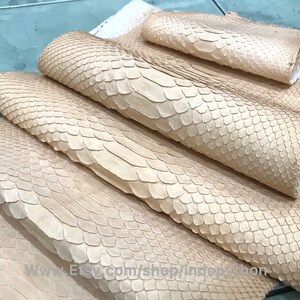 Puede incluir: Primer plano de varias piezas de piel de pit&oacute;n beige, que muestran el patr&oacute;n de escamas y la textura natural. Las pieles est&aacute;n dispuestas en capas superpuestas, lo que resalta su flexibilidad y apariencia &uacute;nica. La imagen captura los detalles de la piel del reptil.