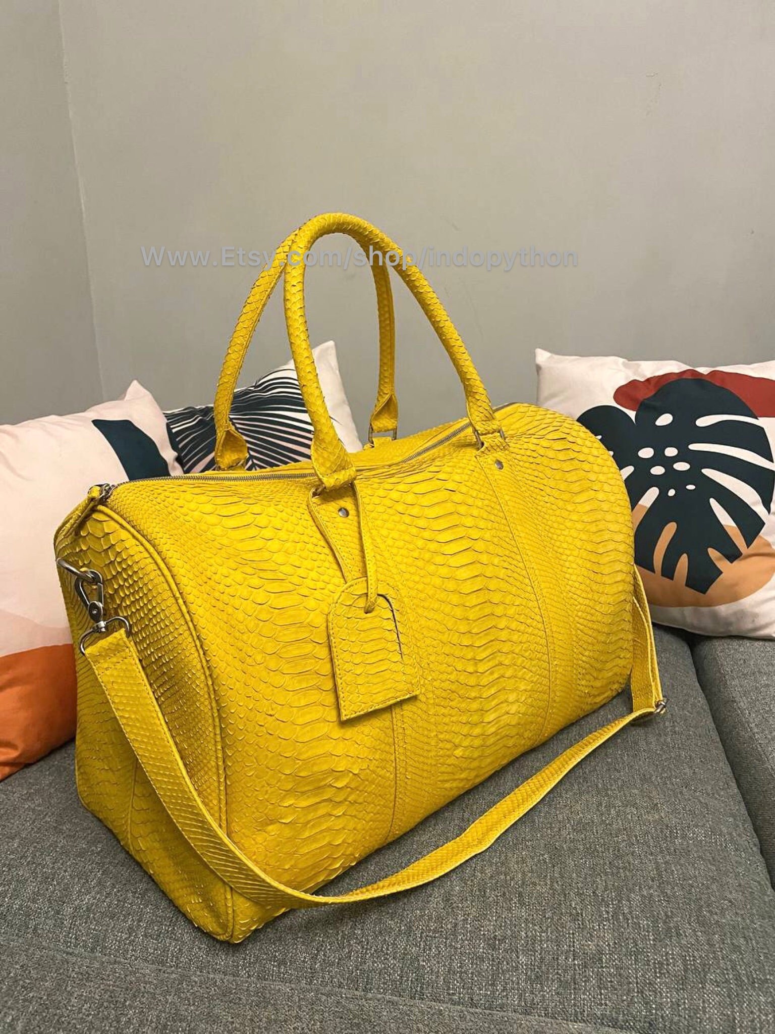 Yellow Python Travel Bag, Weekender Bag, Yellow Snakeskin