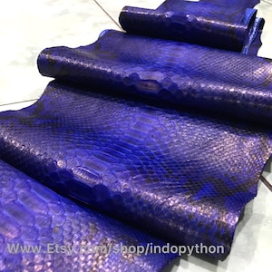 May include: Close-up of several pieces of vibrant blue python leather. The leather has a textured, scaled pattern with hints of darker blue and black. The material is rolled and stacked, showcasing its flexibility and natural markings.
