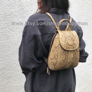 Puede incluir: Una peque&ntilde;a mochila de piel de serpiente de color beige con cierre de solapa. La mochila tiene un bolsillo con cremallera en la parte delantera y correas ajustables.