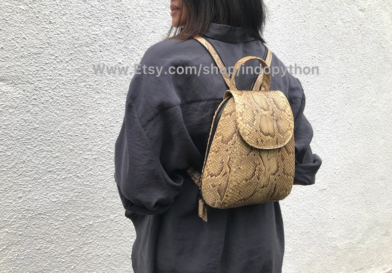 Puede incluir: Una peque&ntilde;a mochila de piel de serpiente de color beige con cierre de solapa. La mochila tiene un bolsillo con cremallera en la parte delantera y correas ajustables.