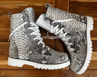 Handmade Python Leather Combat Boots: Unisex Snakeskin Ankle Boots