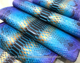 Genuine Python Leather, Natural Python leather, Hide Snake Skin, multicolor snake Skin, Real Python Leather, Real Snakeskin, Blue Leather