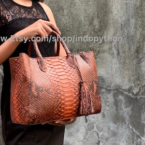 May include: A brown and orange snakeskin tote bag with a tassel. The bag has a zip closure and two top handles.