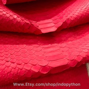 May include: Red python leather with a textured, scaly pattern. The leather is folded in half, revealing the underside. The image includes the text "www.Etsy.com/shop/indopython".
