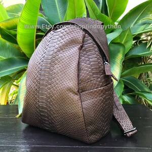 May include: A brown backpack with a snakeskin pattern. The bag has a zippered closure and adjustable straps. The text "www.etsy.com/shop/indopython" is visible on the image.