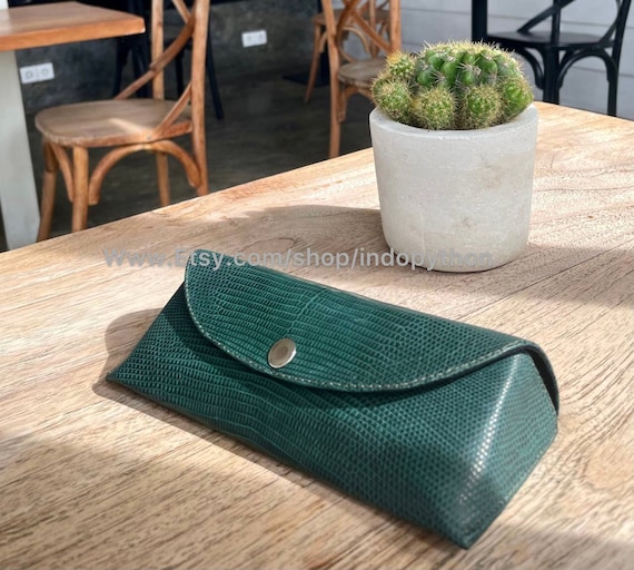 Green Lizard Leather Eyeglass Case: Snakeskin Sunglasses Cover