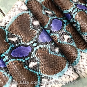 Op de afbeelding: Close-up van een gevouwen stuk bruine, blauwe en witte slangenhuid. De huid heeft een patroonontwerp met een diamantvorm.