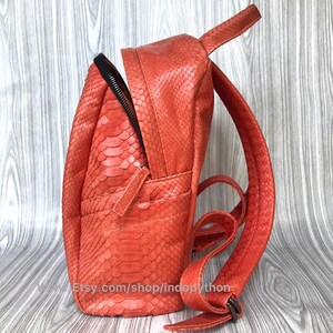 Pu&ograve; includere: Uno zaino in pelle arancione brillante realizzato in pelle di pitone. Lo zaino ha una chiusura a zip e spallacci regolabili.