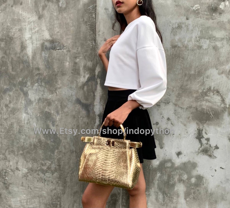 Handmade Gold Python Leather Bag: Detachable Strap image 5