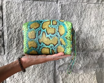 Handgefertigtes Python Leder Schminktäschchen, Grüne Multicolor Schlangenleder Tasche