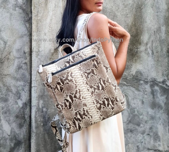 Snake print leather bag pack Genuine Python Leather Backpack: Beige Snakeskin Rucksack - Etsy main image 3