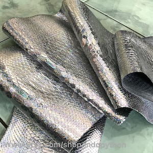Cuir de python véritable, Cuir de python naturel, Peau de serpent, Peau de serpent argentée, Cuir de python véritable, Cuir de python argenté, métallique