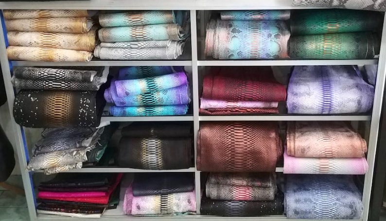 Może przedstawiać: P&oacute;łka z wieloma rzędami ułożonych na sobie sk&oacute;r węża w r&oacute;żnych kolorach i wzorach. Sk&oacute;ra jest ułożona w spos&oacute;b schludny i uporządkowany.