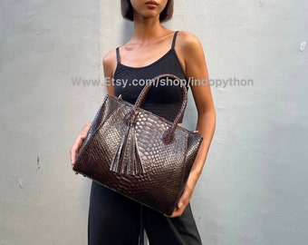 Sac fourre-tout en cuir de python marron fait main : bandoulière amovible