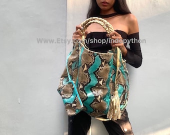 Borsa Hobo in pitone blu: borsa in pelle di serpente fatta a mano con custodia