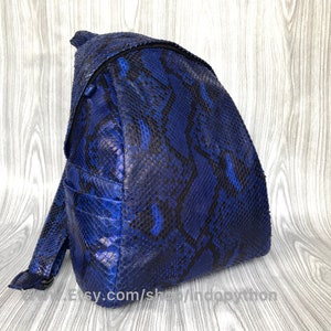 Könnte beinhalten: Ein blauer Rucksack aus Pythonleder mit Reißverschluss. Der Rucksack hat ein einzigartiges, strukturiertes Design.