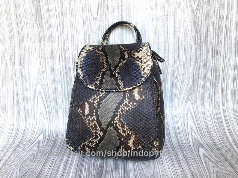 Pu&ograve; includere: Uno zaino piccolo in pelle di serpente nero e marrone con chiusura a lembo e cerniera. Lo zaino ha un manico superiore e spalline regolabili.