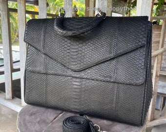 Black Python Handbag: Genuine Snakeskin Purse with Detachable Strap