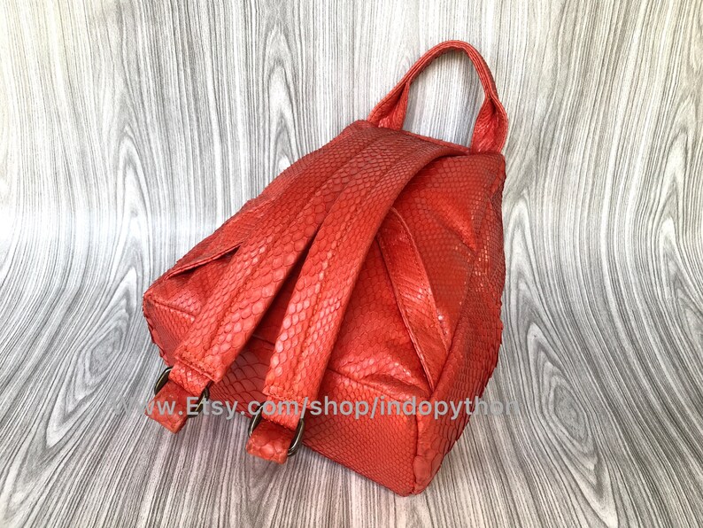 Pu&ograve; includere: Uno zaino rosso in pelle di serpente con spallacci regolabili e un manico superiore. Lo zaino &egrave; realizzato in vera pelle di pitone.