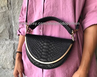 Handmade Black Python Leather Shoulder Bag: Luxury Snakeskin Purse