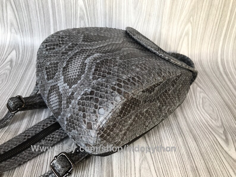 K&ouml;nnte beinhalten: Ein grauer Schlangenleder-Rucksack mit Rei&szlig;verschluss und verstellbaren Tr&auml;gern. Der Rucksack ist aus echtem Leder gefertigt und hat ein einzigartiges, strukturiertes Design.