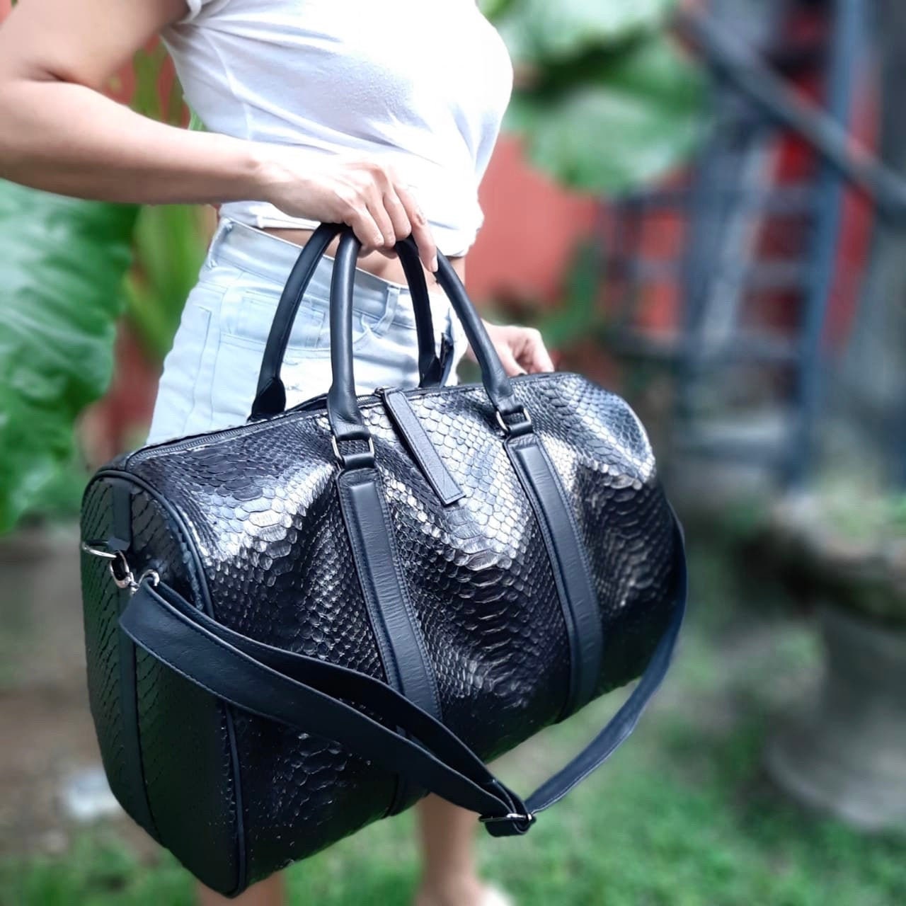 Handmade Black Python Leather Travel Duffel Bag - Etsy