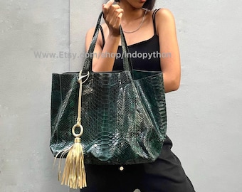 Handmade Green Python Leather Tote Bag with Gold Tassel