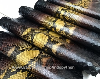 Genuine Python Leather, Black Yellow Python leather, Hide Snake Skin, snakeSkin, Real Python Leather, Black Snakeskin, Multicolor leather