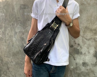 Handmade Black Python Leather Sling Bag: Men's Crossbody