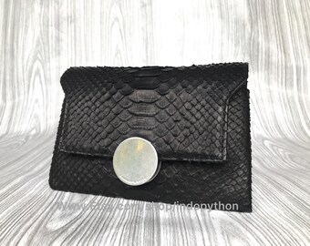 Handmade Black Python Leather Shoulder Bag: Detachable Strap