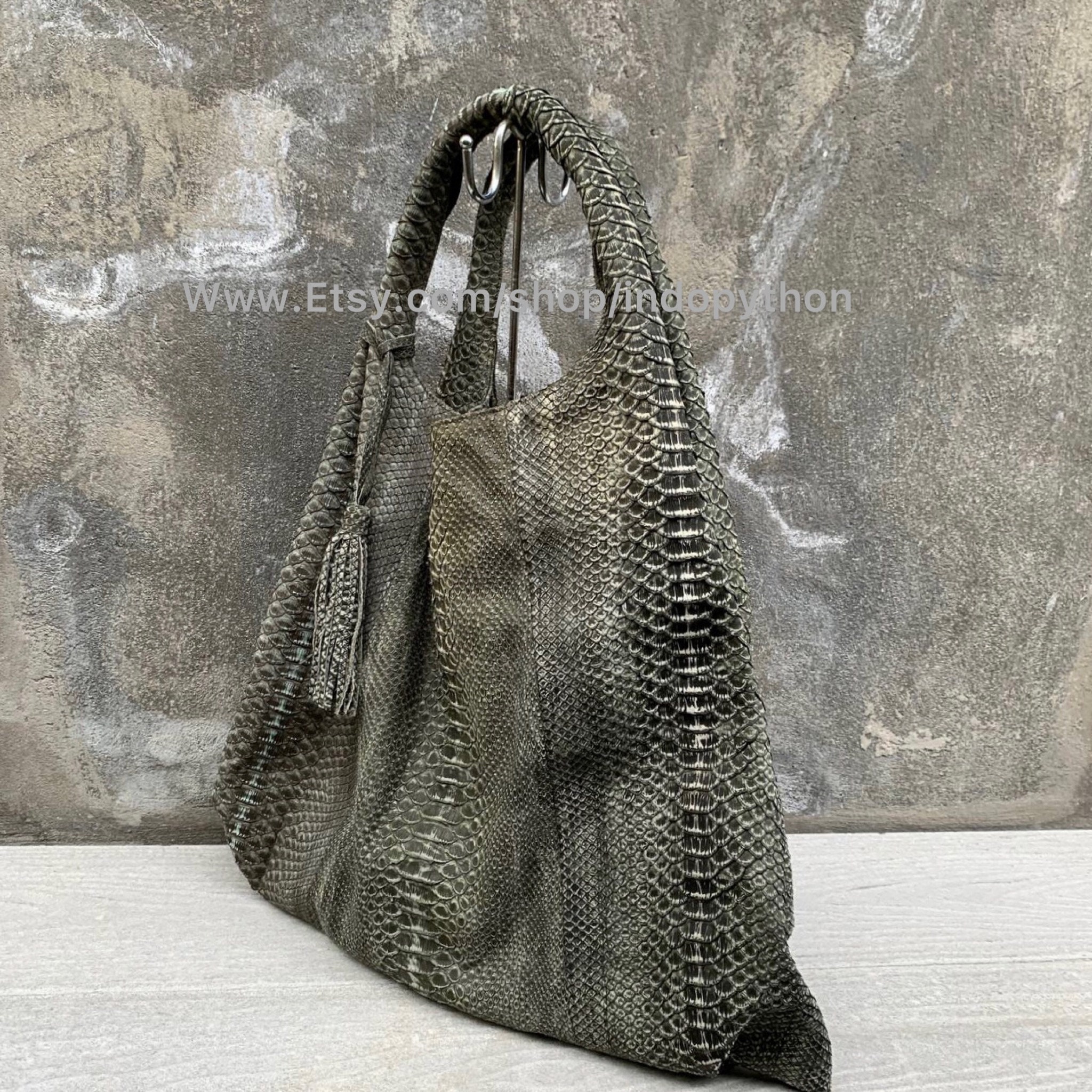Handmade Python Leather Hobo Bag: Gray Snakeskin Oversized Purse 