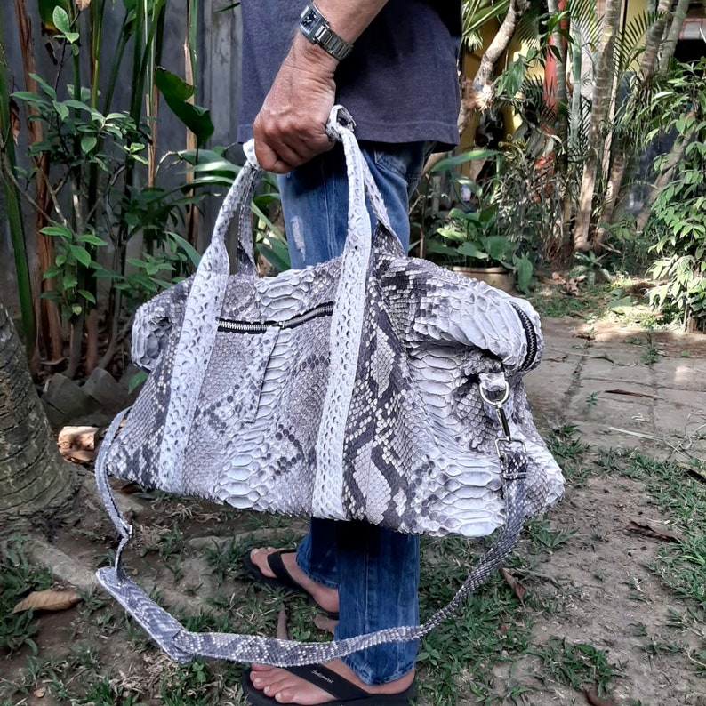 White Python Handbag Black and White Python Travel Big Bag Snakeskin Genuine Leather Purse ...