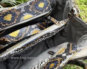 Custom Multicolor Python Leather Tote Bag. Gold Gray Snakeskin