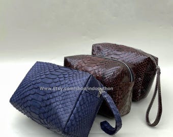 Handmade Python Leather Cosmetic Pouch: Zip Top Snakeskin Bag
