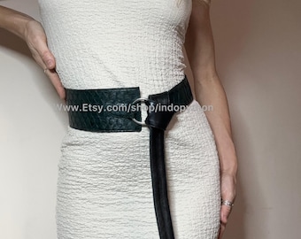 Genuine Python Leather Statement Belt, Dark Green Waist Cinch Belt, Adjustable Exotic Skin Accessory